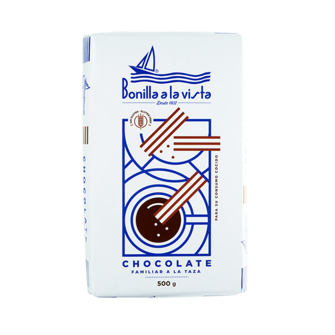 A product image of the front of a bonilla a la vista chocolate bar. A graphic of churros dipped in chocolate in the center.