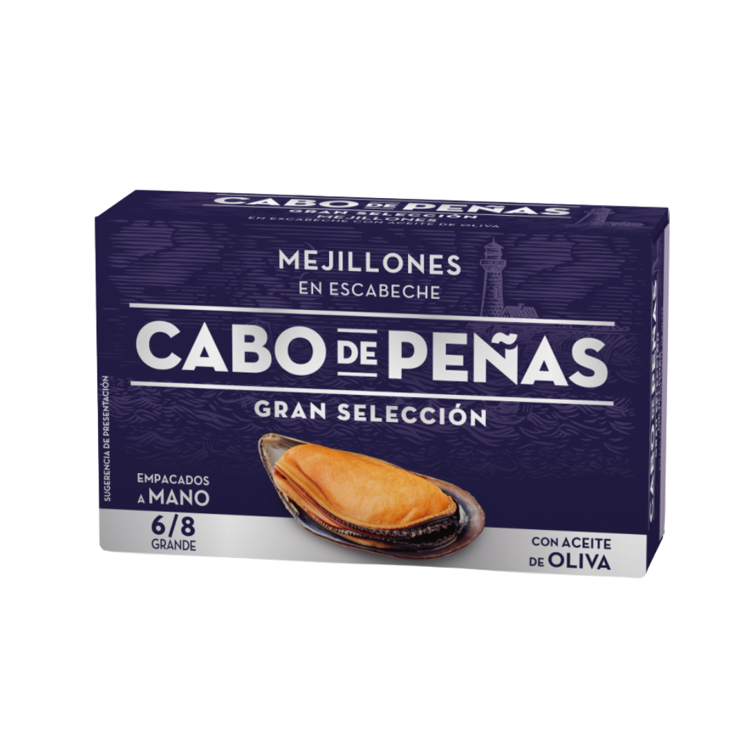 A product photo of a cabo de peñas tin of mussels in vinegar. 